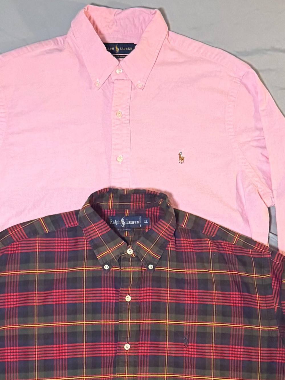 Lot Of 2 Ralph Lauren Polo Men’s XL Long Sleeve Button Up Plaid And Pink Shirts
